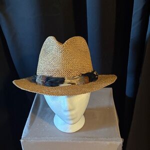 Natural Brown Straw Fedora with Feather Band